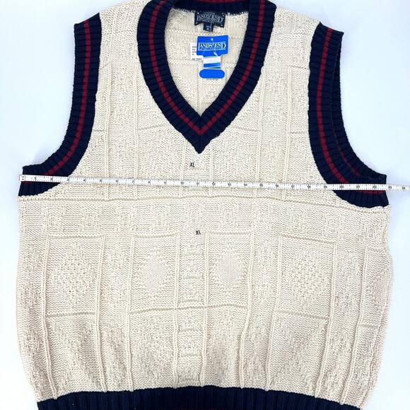 VTG 90s Lands End USA Mens 100% Cotton Tennis Knit Vest V Neck Cream Red Blue XL - Picture 5 of 8
